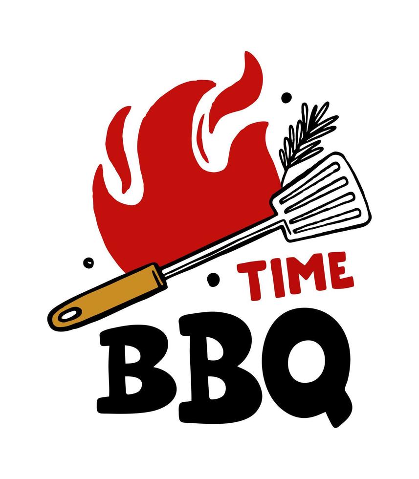 bbq tid handritad inskription slogan food court emblem meny restaurang bar café vektorillustration av eld och spadar vektor