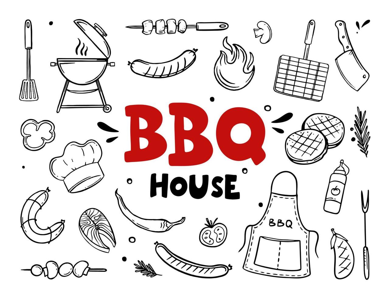 bbq house handritade menyalternativ för restaurangbar café vektorillustration av grillmatklotter vektor