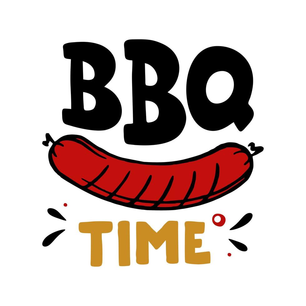 bbq time handgezeichnete Inschrift Slogan Food Court Emblem Menü Restaurant Bar Café Vektor Illustration gegrillte Würstchen