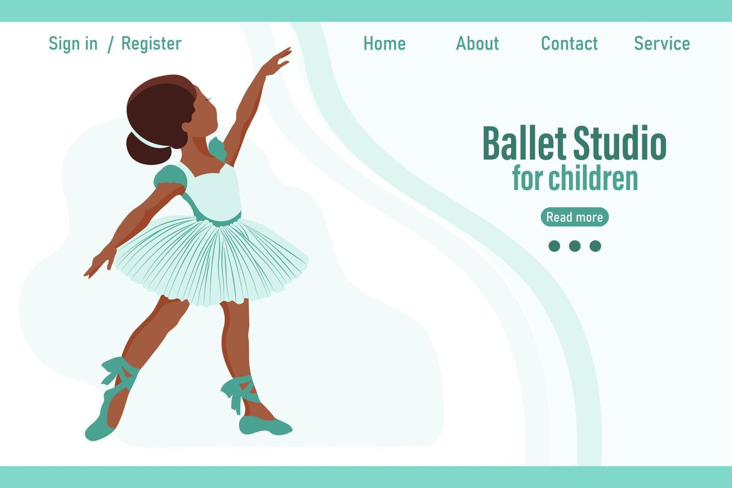 Tanzende Ballerina des kleinen Mädchens auf Hintergrund mit Textballettstudio für Kinder. Banner, Webillustration, Poster, Vektor