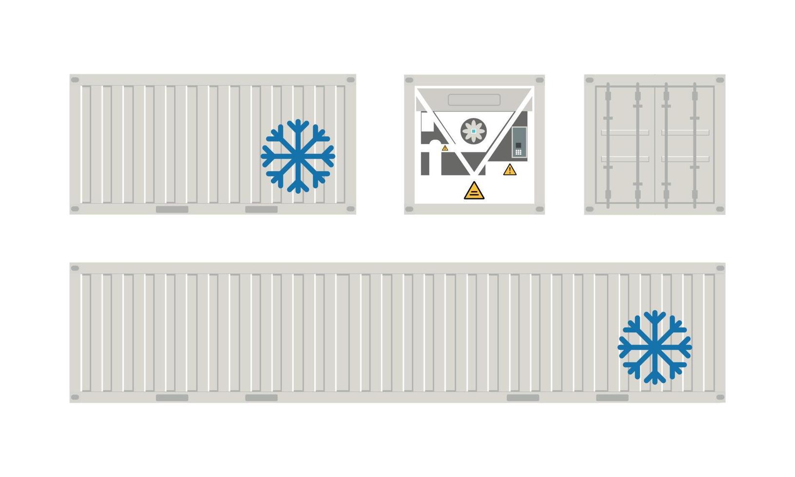 Seefrachtcontainer in weißer Farbe. Reefer, Kühlschrank oder Kühlcontainer dienen dem Transport verderblicher Produkte in der Logistikbranche. Vorder- und Seitenansicht auf weißem Hintergrund. vektor