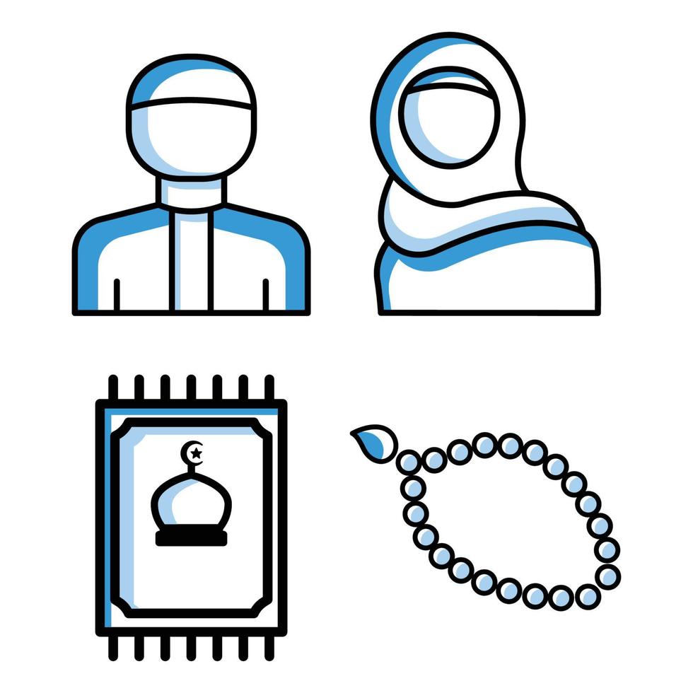 islamisk uppsättning ikon. innehåller sådana ikoner som muslimsk man, muslimsk tjej, bönematta, bönepärlor. två ton ikon stil. enkel design redigerbar vektor