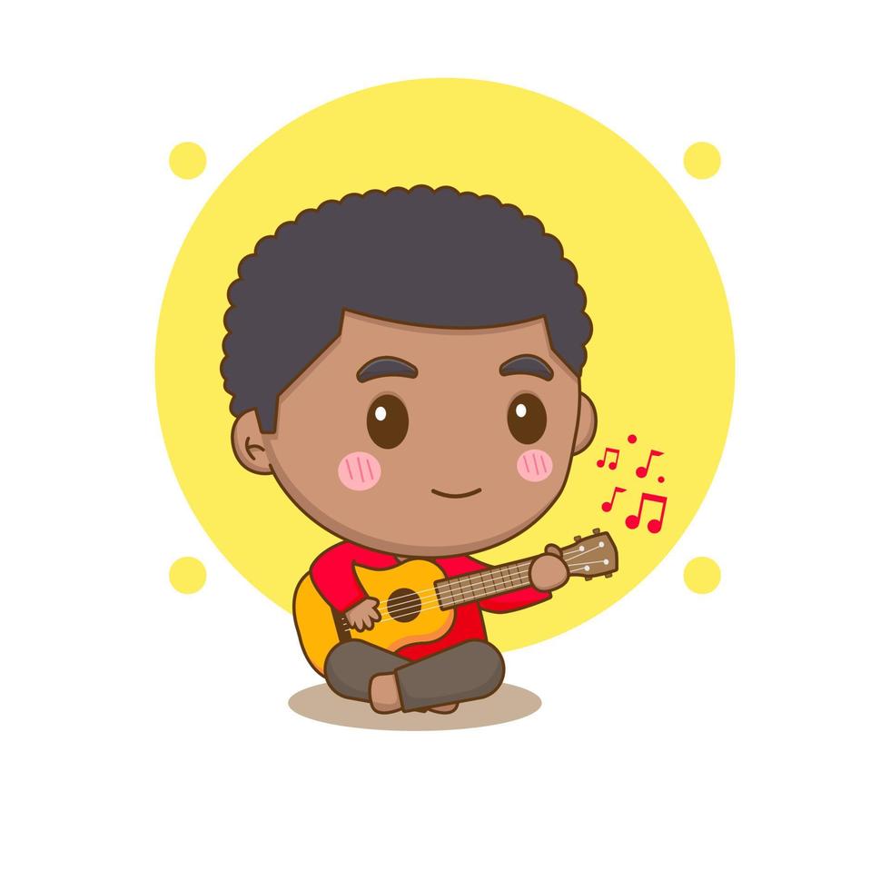 süßer junge, der gitarre spielt. Chibi-Zeichentrickfigur. Vektorgrafik vektor