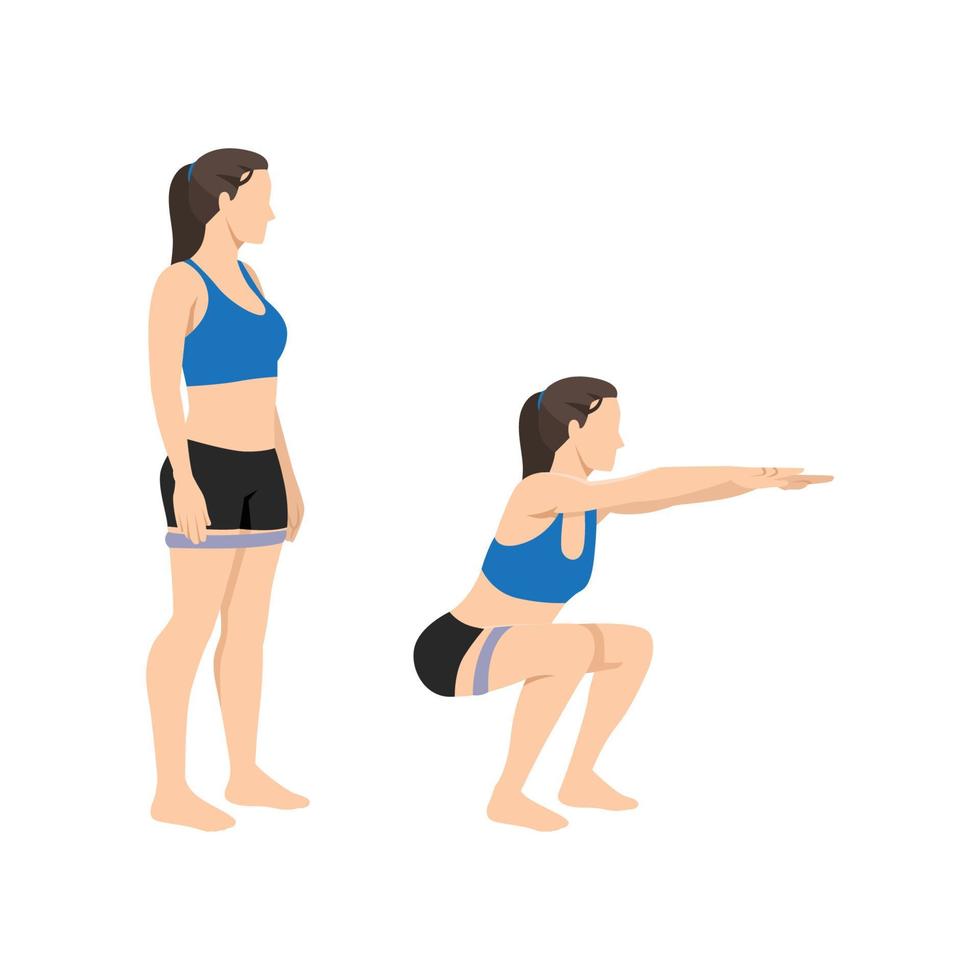 kvinna gör mini band air squat övning. platt vektorillustration isolerad på vit bakgrund vektor