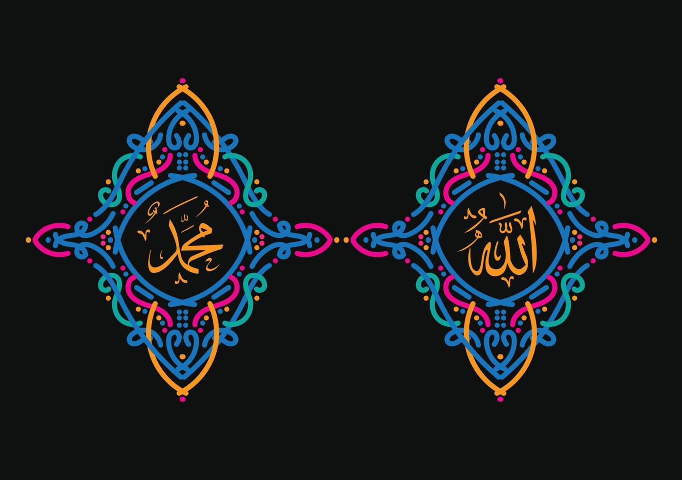 allah muhammad arabisk väggkonst kalligrafi elegant färg och vintage ram vektor