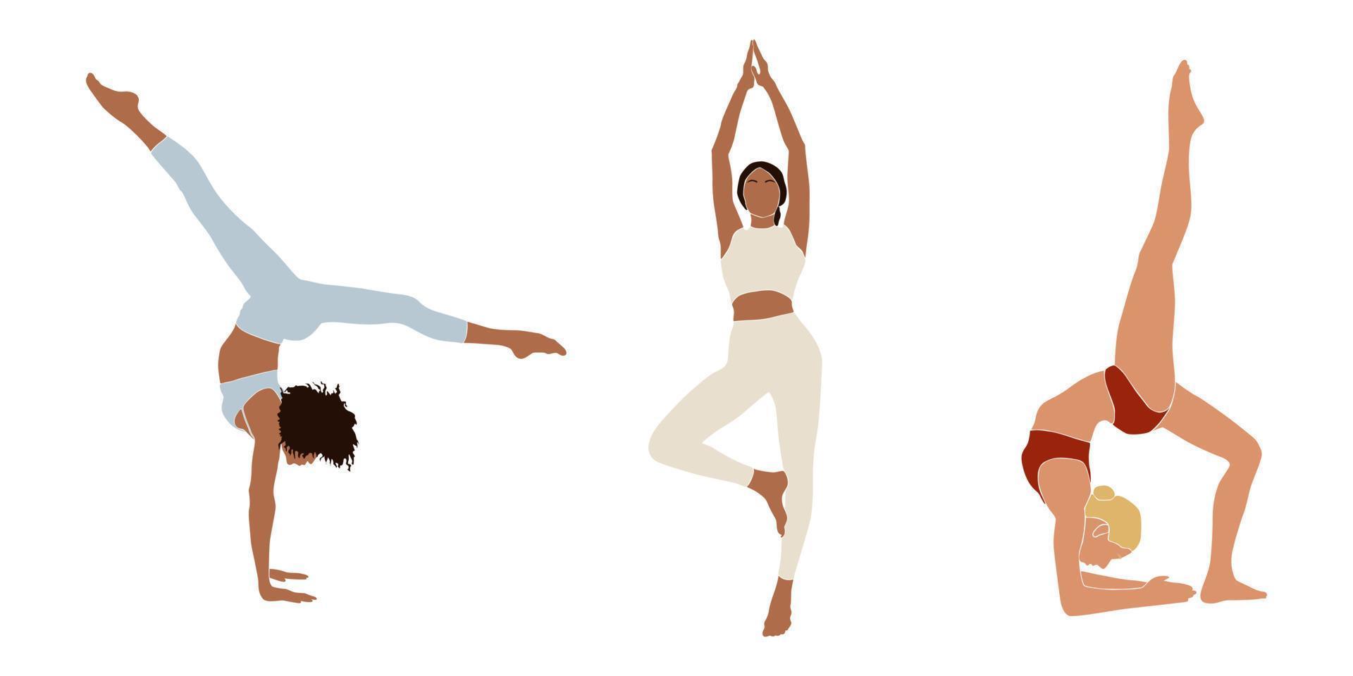 uppsättning av abstrakt internationell tjej som utövar yoga i pastellfärger. kvinna utövar balans asanas. samtida konst. viktminskning. hälsa livsstil. lugn och avslappning. handritad platt illustration vektor