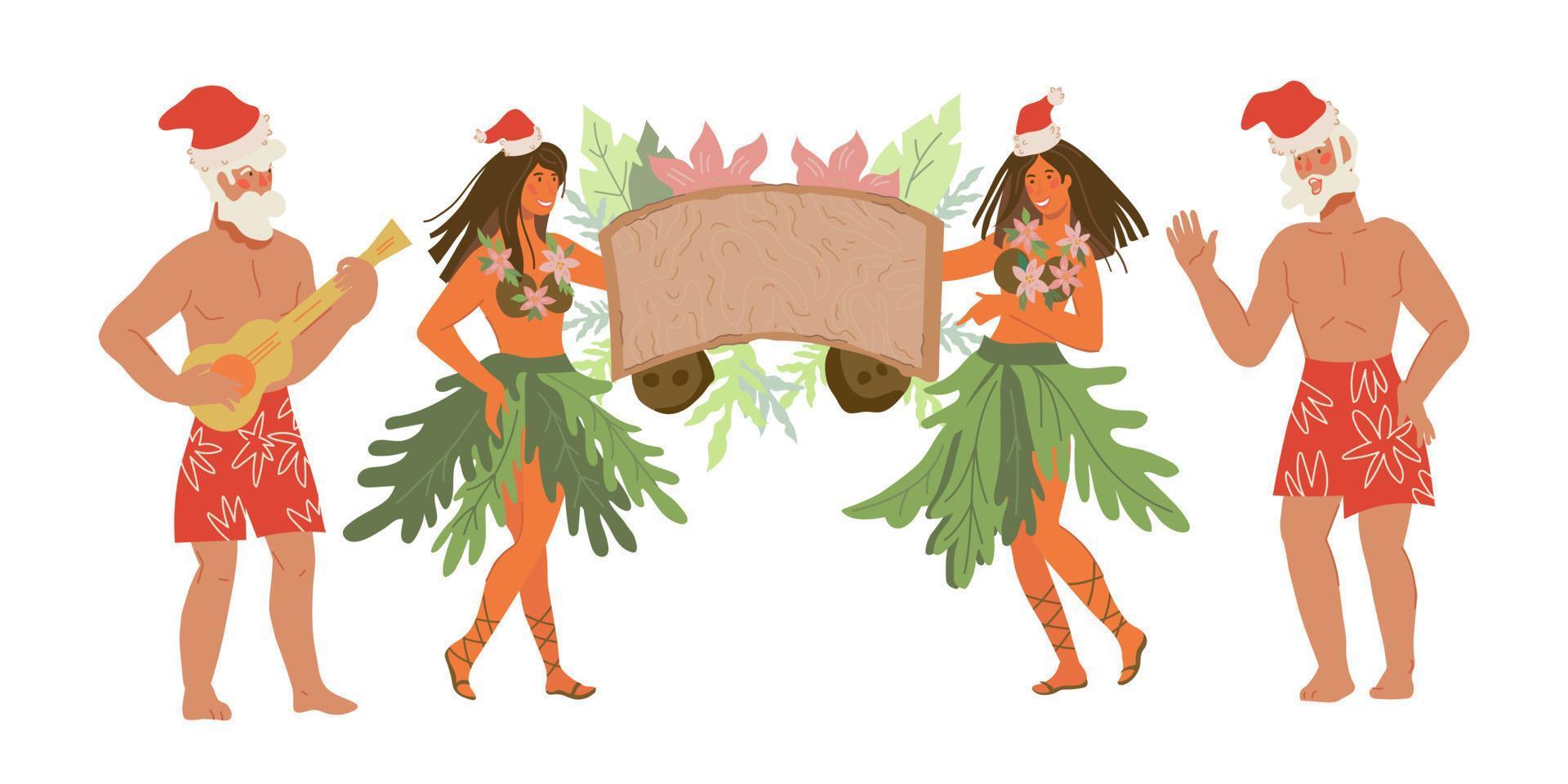 tropische weihnachtskarte mit hawaiianischen tänzerinnen, die holzbanner und weihnachtsmänner in roten hüten halten, flache vektorillustration isoliert. einladungen und grußweihnachtswinterurlaubsplakatschablone. vektor