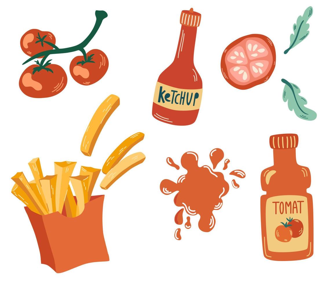 Pommes Frites und Ketchup-Tomatensauce. Fastfood. geröstete Kartoffelchips Kartoffeln, Ketchupfleck, Tomaten. menükarte leckeres fast food, leckeres ungesundes mittagessen. Vektor-Cartoon-Illustration vektor