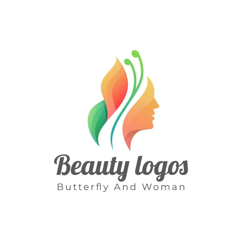 Beauty-Logos von Schmetterlingen mit schönem Gesicht, femininem Logo-Symbol-Icon-Design vektor