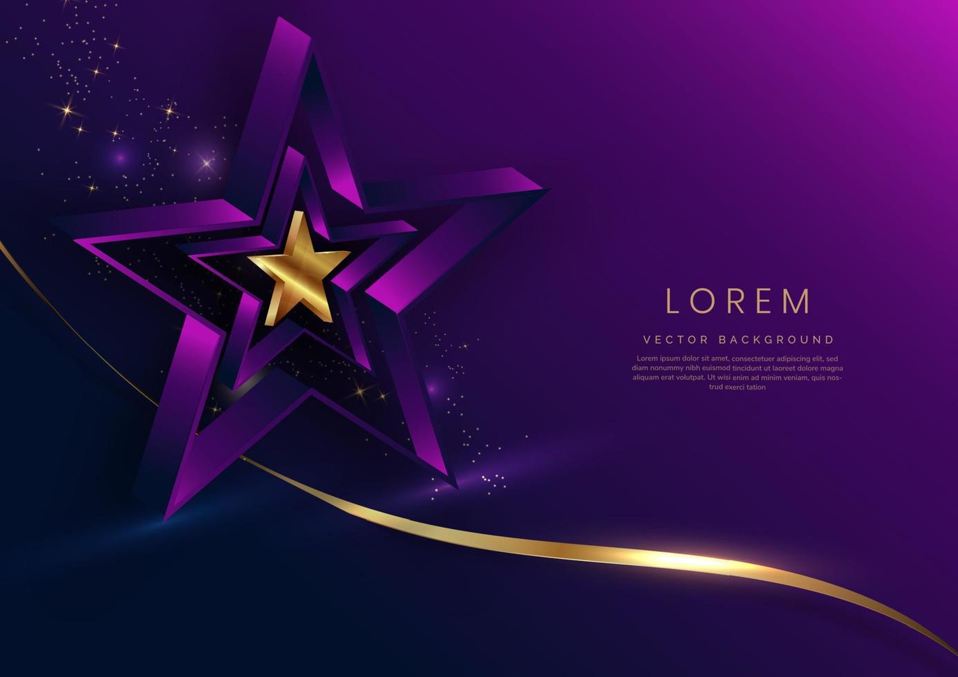3D goldener Stern mit goldenem Band auf dunkelblauem und violettem Hintergrund. vorlage luxus premium award design. vektor