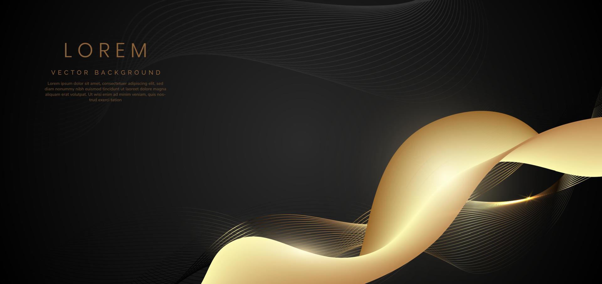 abstrakt 3d svart bakgrund med guldlinjer böjda vågiga gnistra med kopia utrymme för text. lyx stil malldesign. vektor
