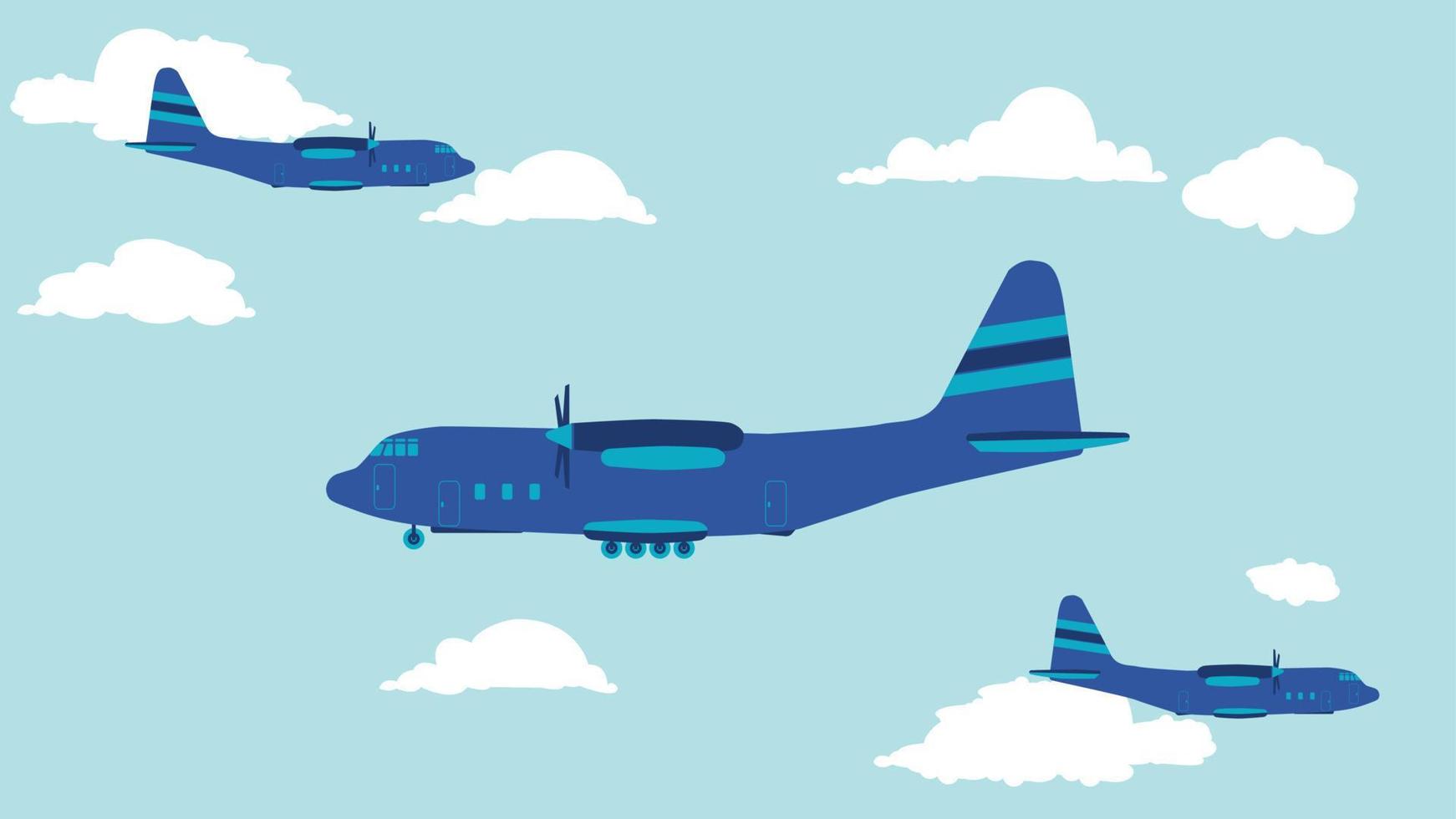 flache karikaturseitenansicht von transportflugzeugen am himmel vektor