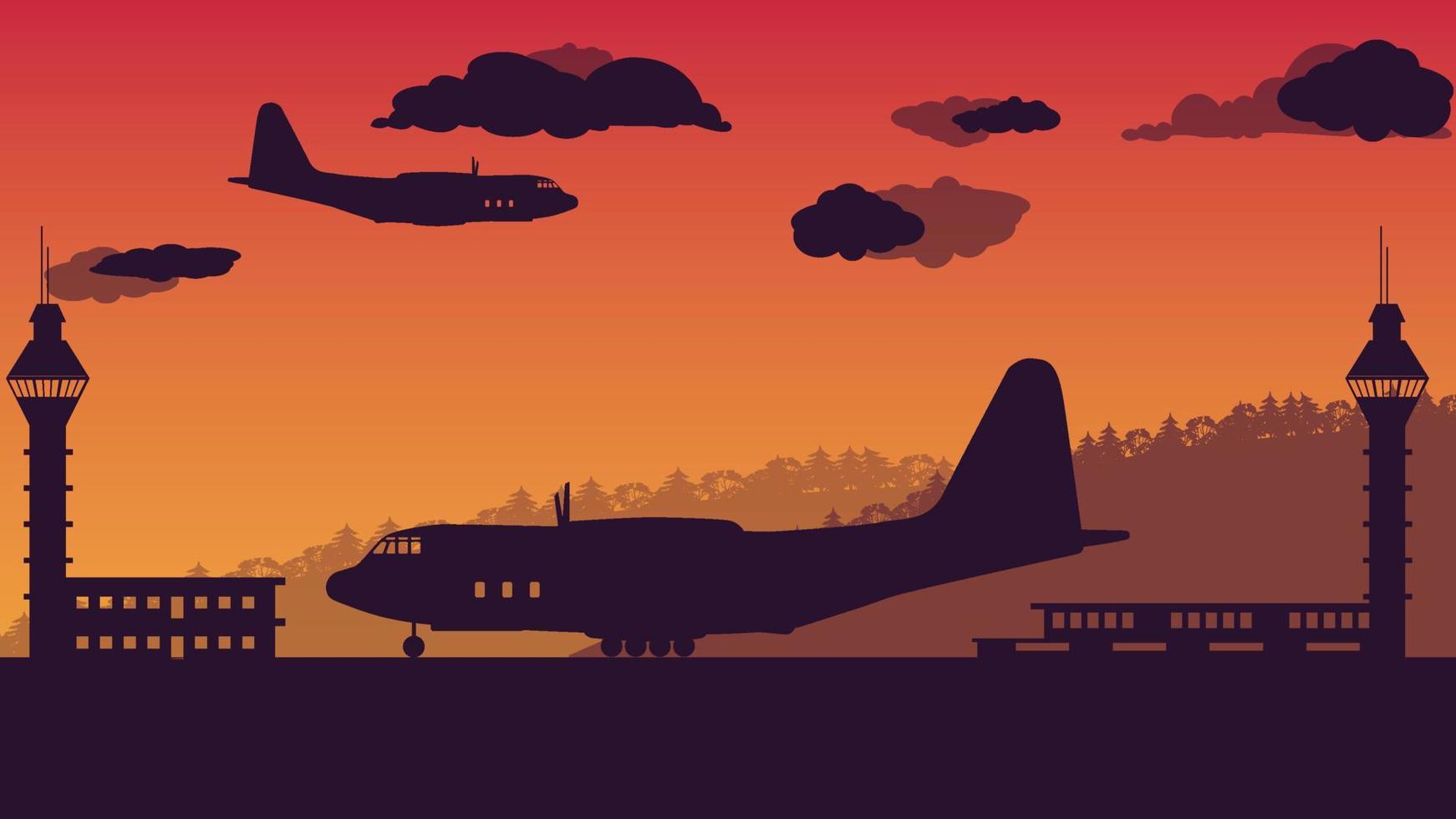 Silhouette von Transportflugzeugen und Flugsicherungsturm auf orangefarbenem Hintergrund mit Farbverlauf vektor