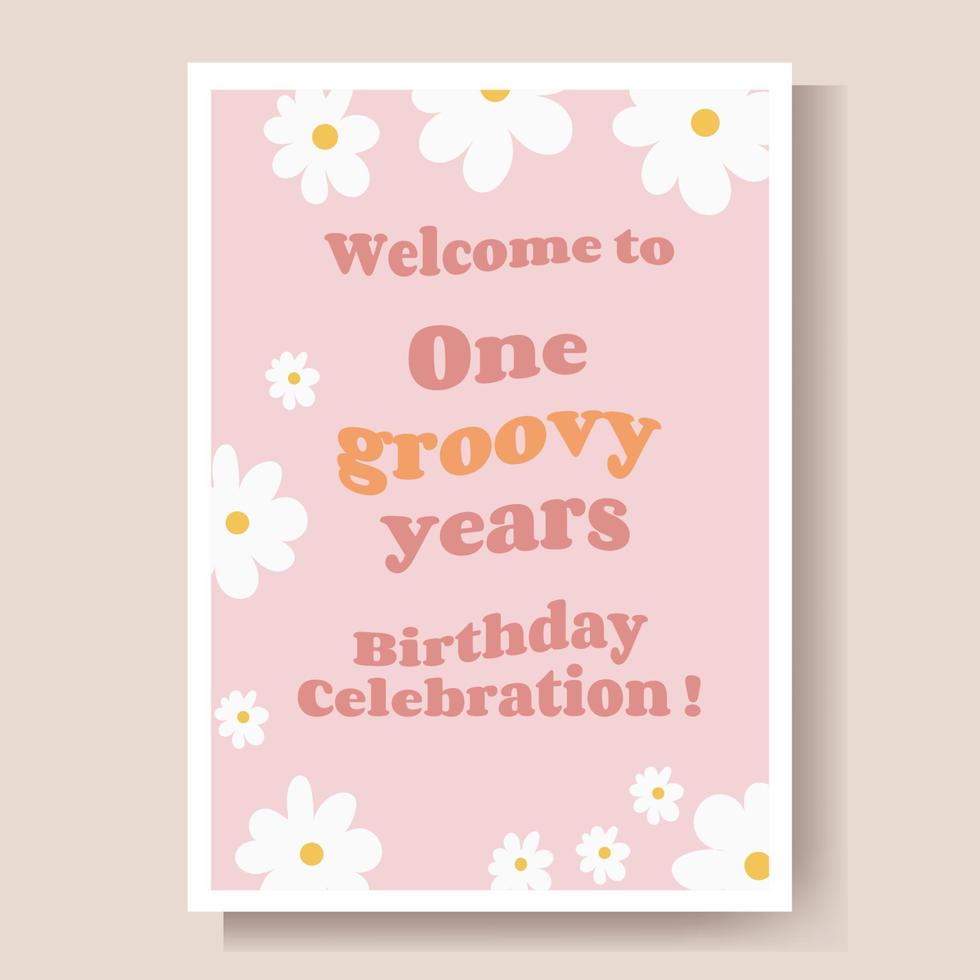 grattis på födelsedagen gratulationskort, välkommen till ett groovy års födelsedagsfirande. vektor illustration