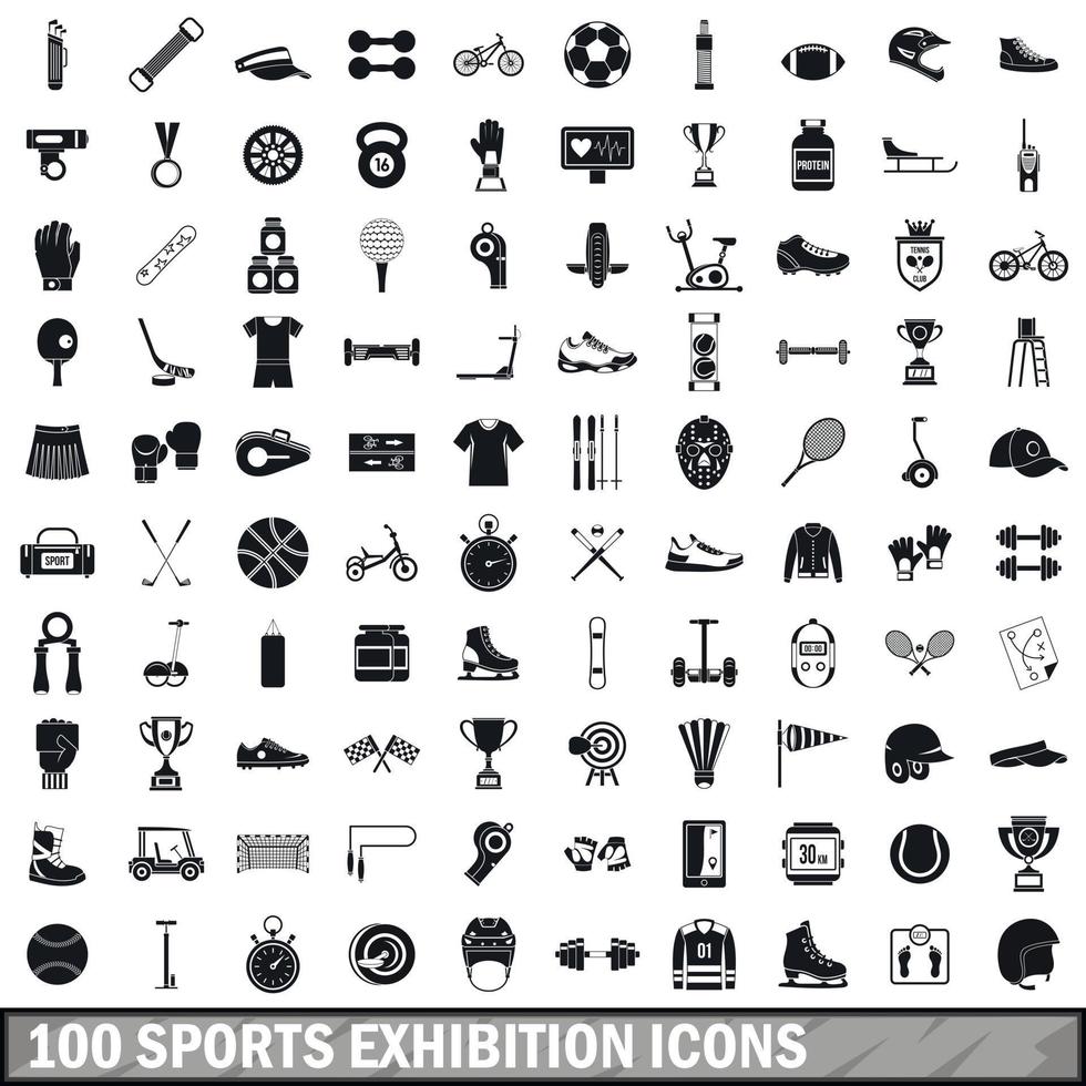 100 Sportausstellungssymbole gesetzt, einfacher Stil vektor