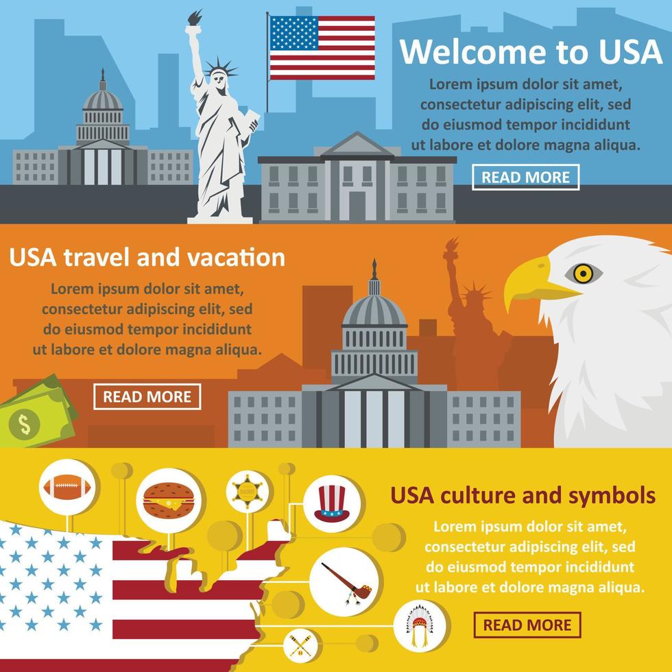 usa symbole banner horizontaler satz, flacher stil vektor