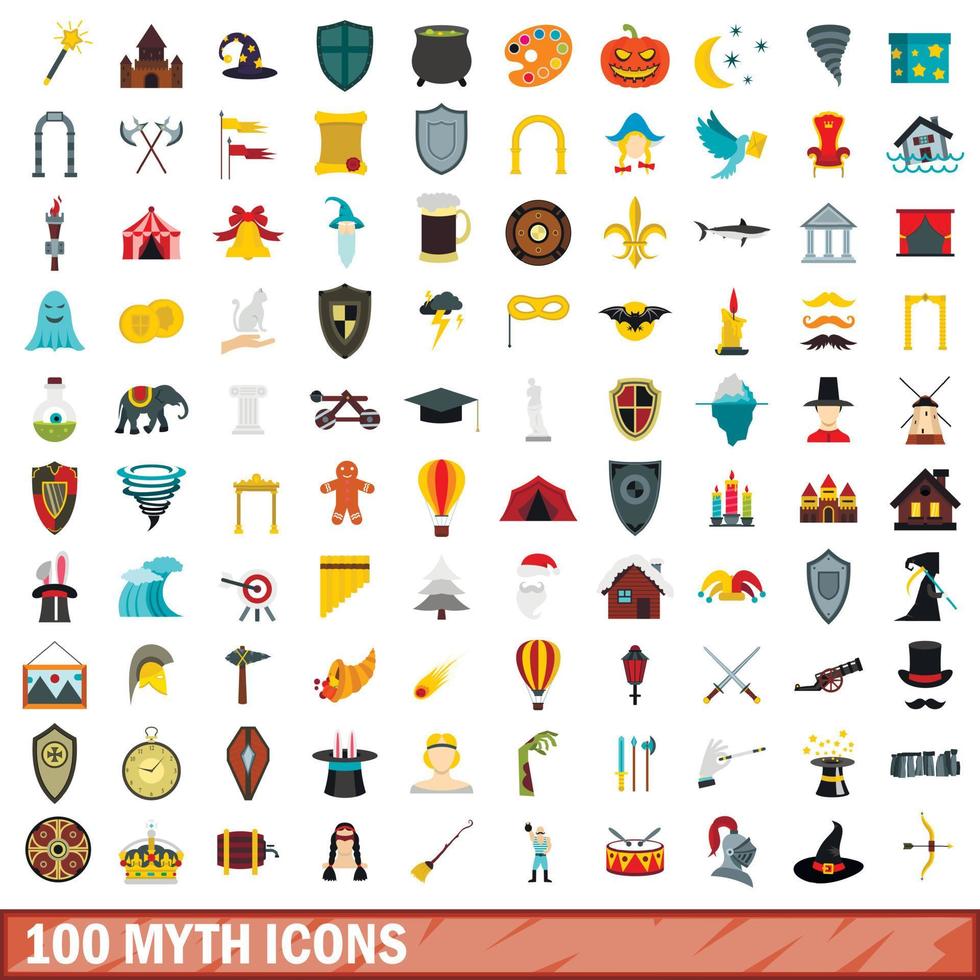 100 mytikoner set, platt stil vektor