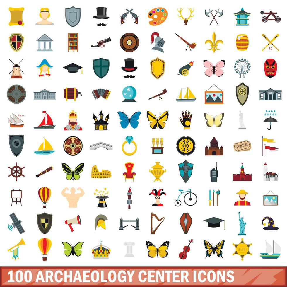 100 arkeologi center ikoner set, platt stil vektor