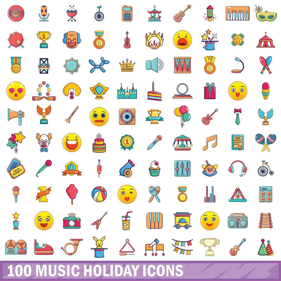 100 musik semester ikoner set, tecknad stil vektor