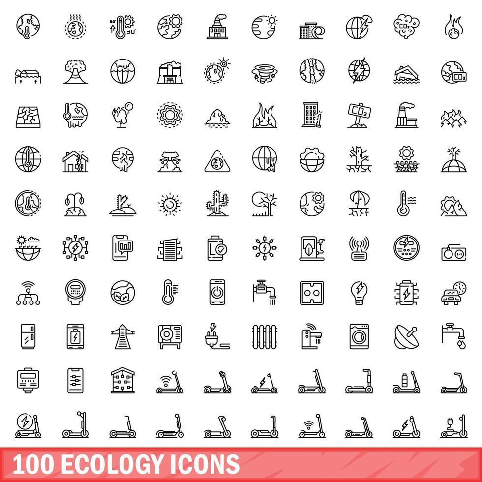 100 Ökologie-Icons gesetzt, Umrissstil vektor