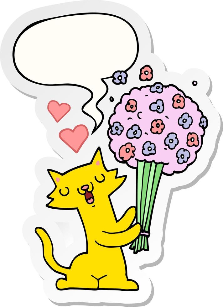 tecknad katt i kärlek och blommor och pratbubbla klistermärke vektor