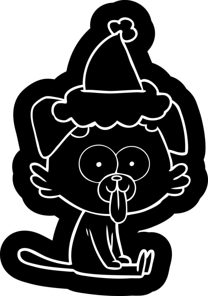 tecknad ikon av en sittande hund med tungan som sticker ut iförd tomtehatt vektor