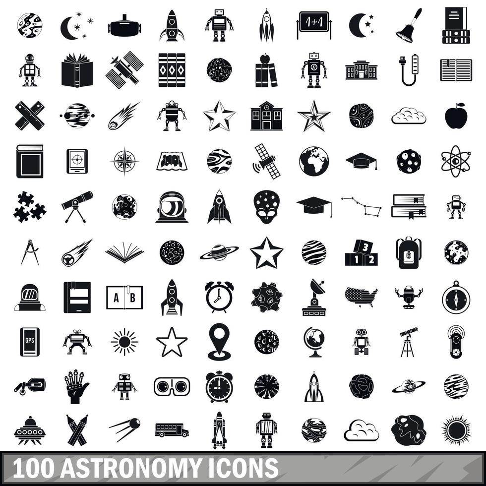 100 astronomi ikoner set, enkel stil vektor