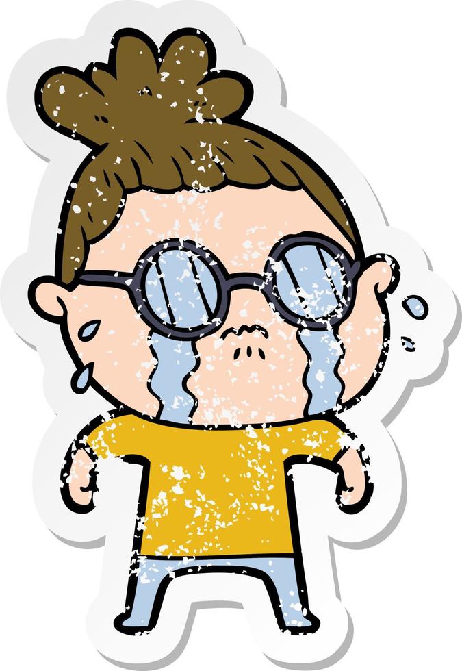 Distressed-Sticker einer weinenden Cartoon-Frau mit Brille vektor