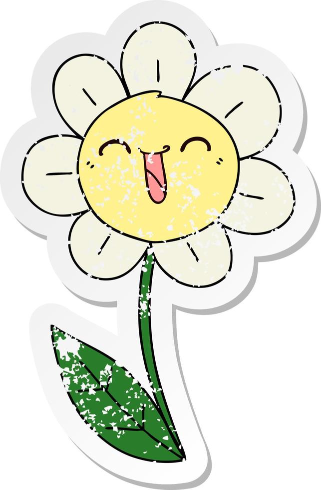bedrövad klistermärke av en udda handritad tecknad glad blomma vektor