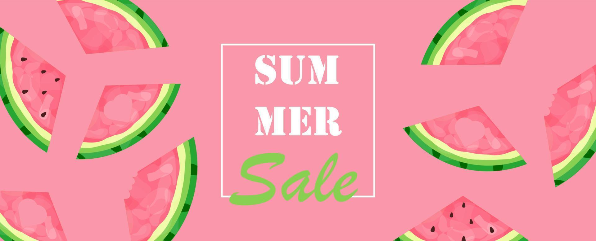 Sommerverkaufsbanner mit Wassermelonen aus verschiedenen Blickwinkeln. Vektorhintergrund für Geschäfte mit Sommerfrüchten. Verwendung für Plakate, Banner, Plakate, Dekorationen, Werbung vektor