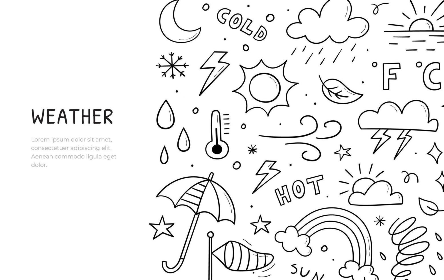 Doodle-Set von Wetterthemen. horizontale Bannervorlage. enthält Vektorzeichen der Sonne, Wolken, Schneeflocken, Wind, Regen, Mond, Blitz und mehr isoliert auf weißem Hintergrund. vektor