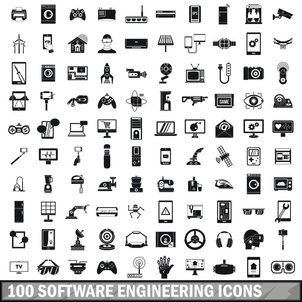 100 Software-Engineering-Icons gesetzt, einfacher Stil vektor