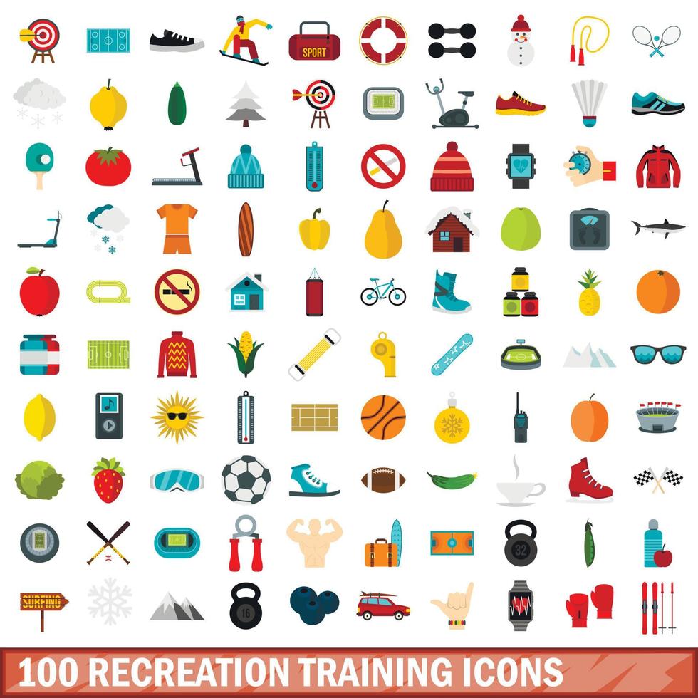 100 Symbole für Freizeittraining, flacher Stil vektor