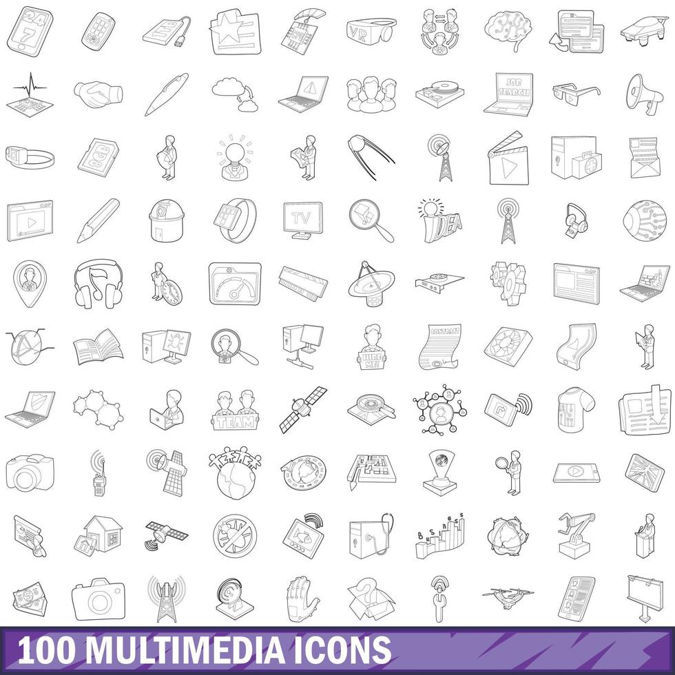 100 Multimedia-Icons gesetzt, Umrissstil vektor