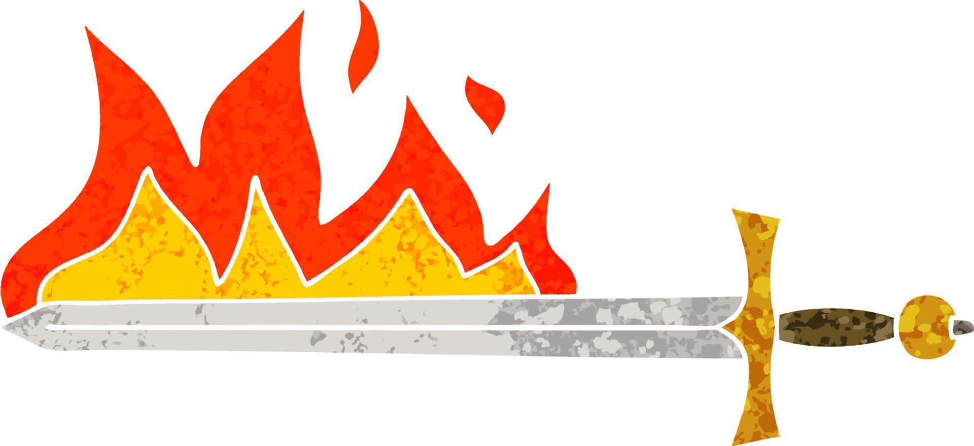 knäppa retro illustration stil tecknad flammande svärd vektor
