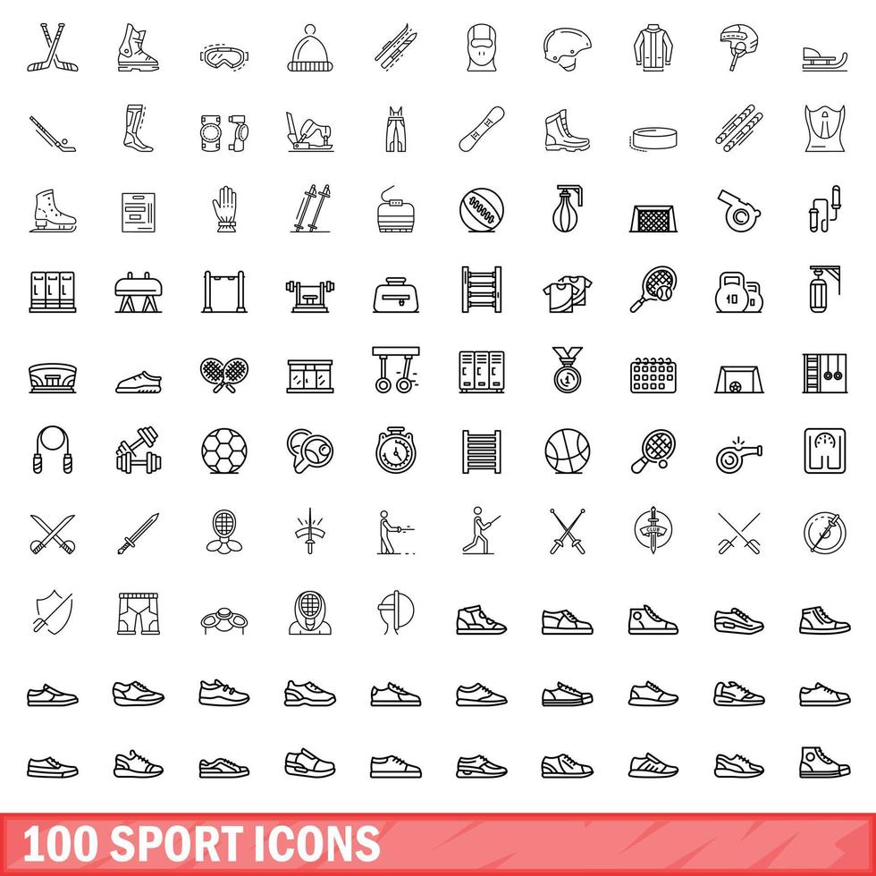 100 Sportsymbole gesetzt, Umrissstil vektor