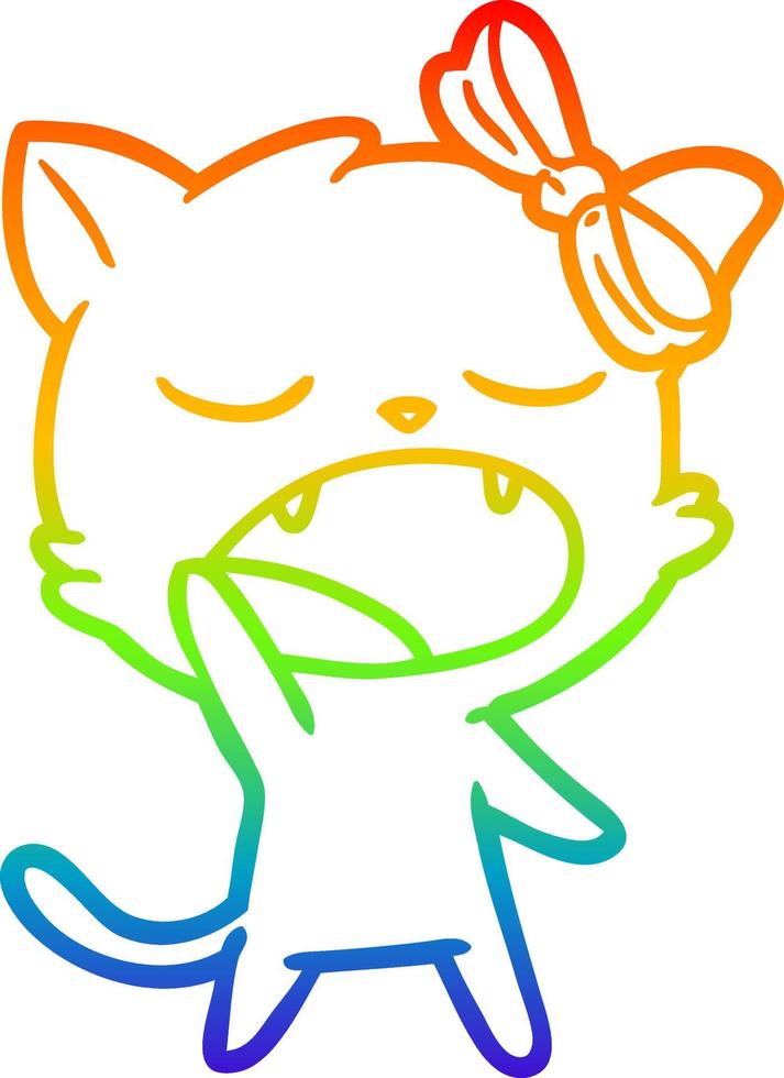 regnbågsgradient linjeteckning tecknad gäspande katt vektor