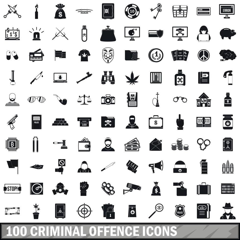 100 brottsikoner set, enkel stil vektor