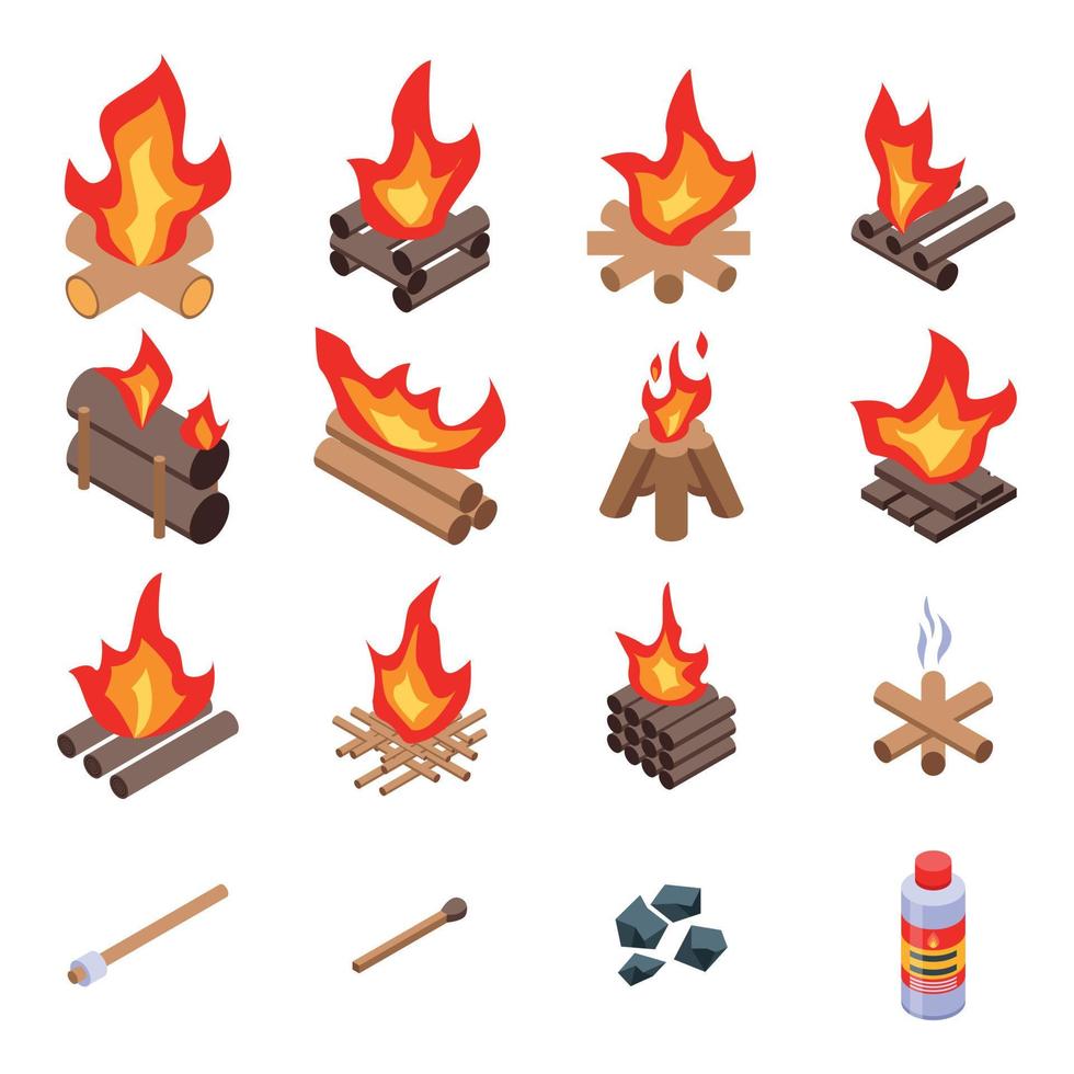 Lagerfeuer-Icons gesetzt, isometrischer Stil vektor