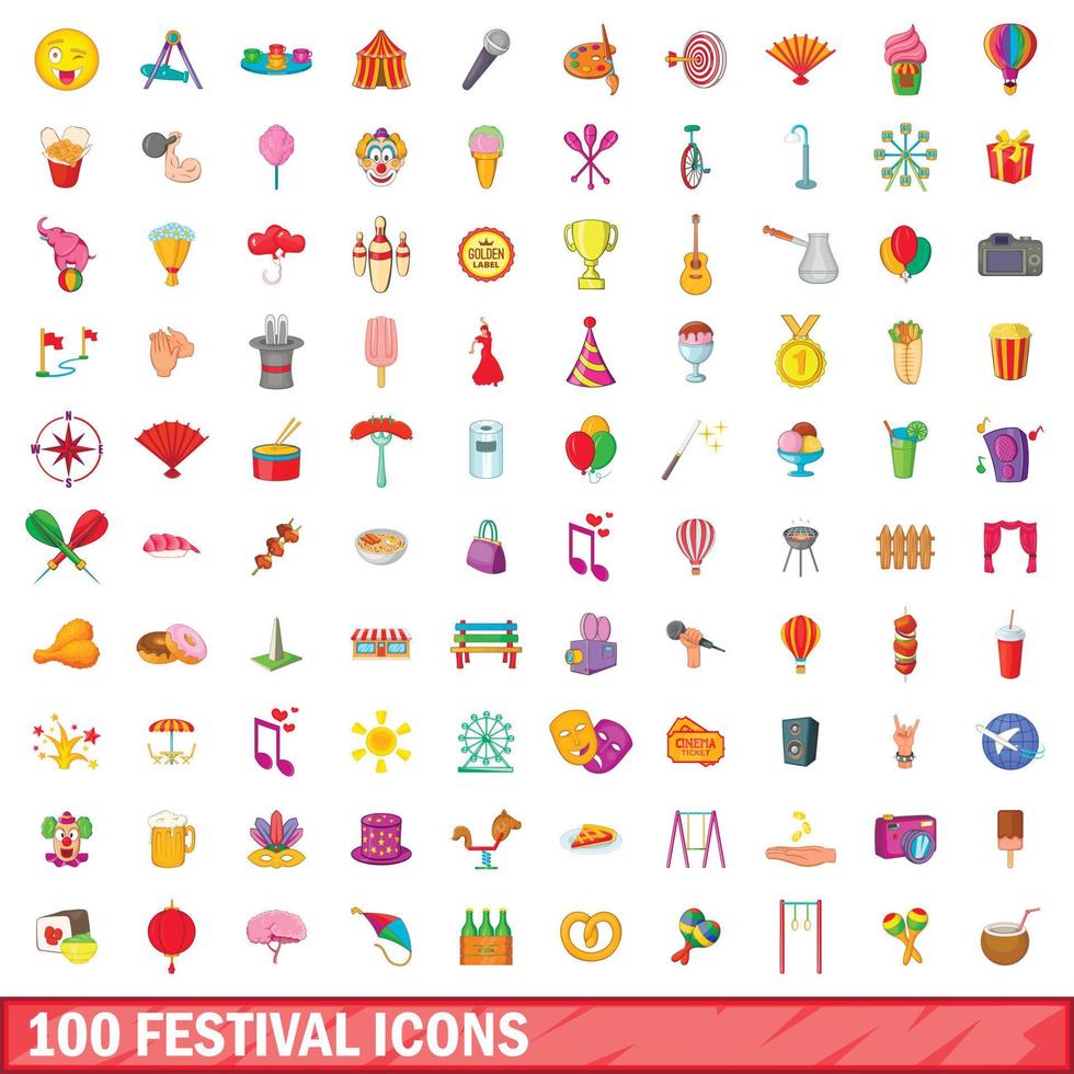 100 Festival-Icons gesetzt, Cartoon-Stil vektor