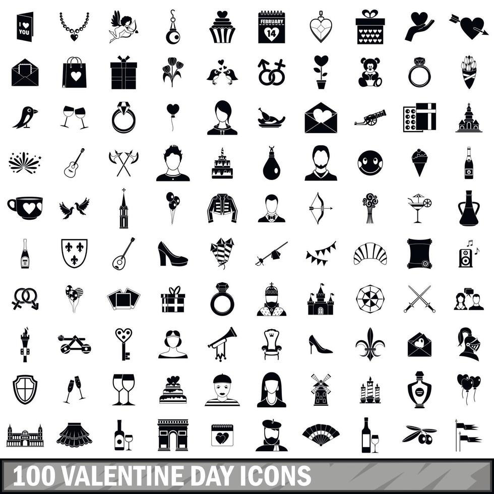 100 Valentinstag-Icons gesetzt, einfacher Stil vektor