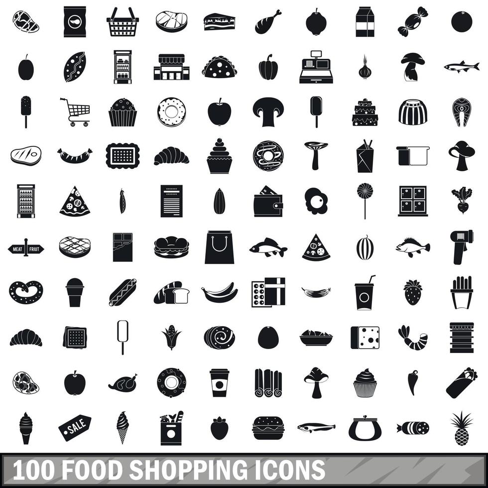 100 mat shopping ikoner set, enkel stil vektor