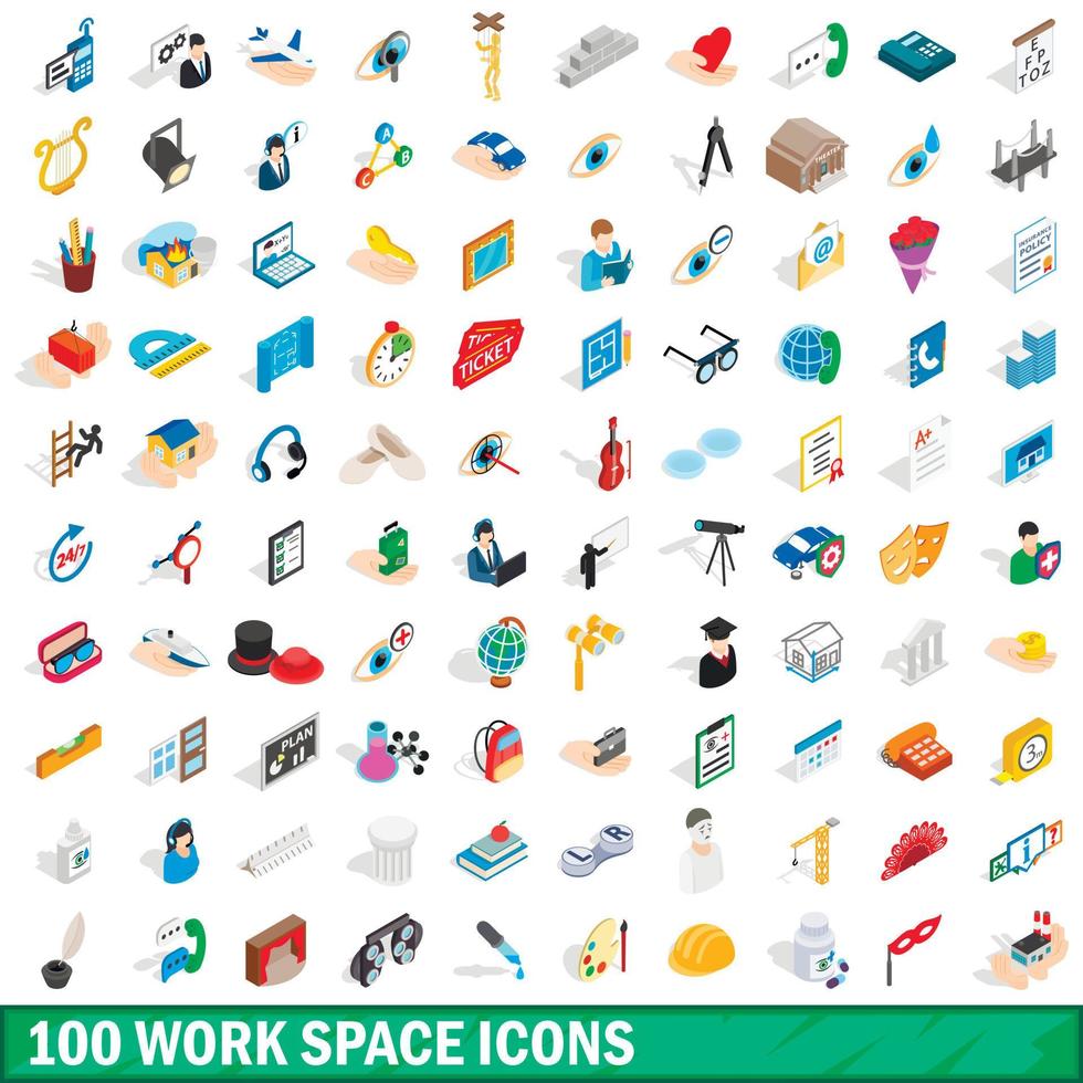 100 arbetsyta ikoner set, isometrisk 3d-stil vektor