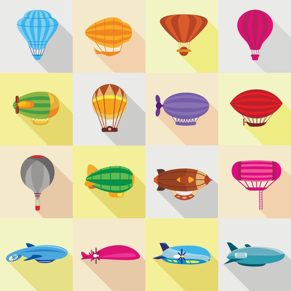 Luftschiff Ballons Symbole gesetzt, flacher Stil vektor