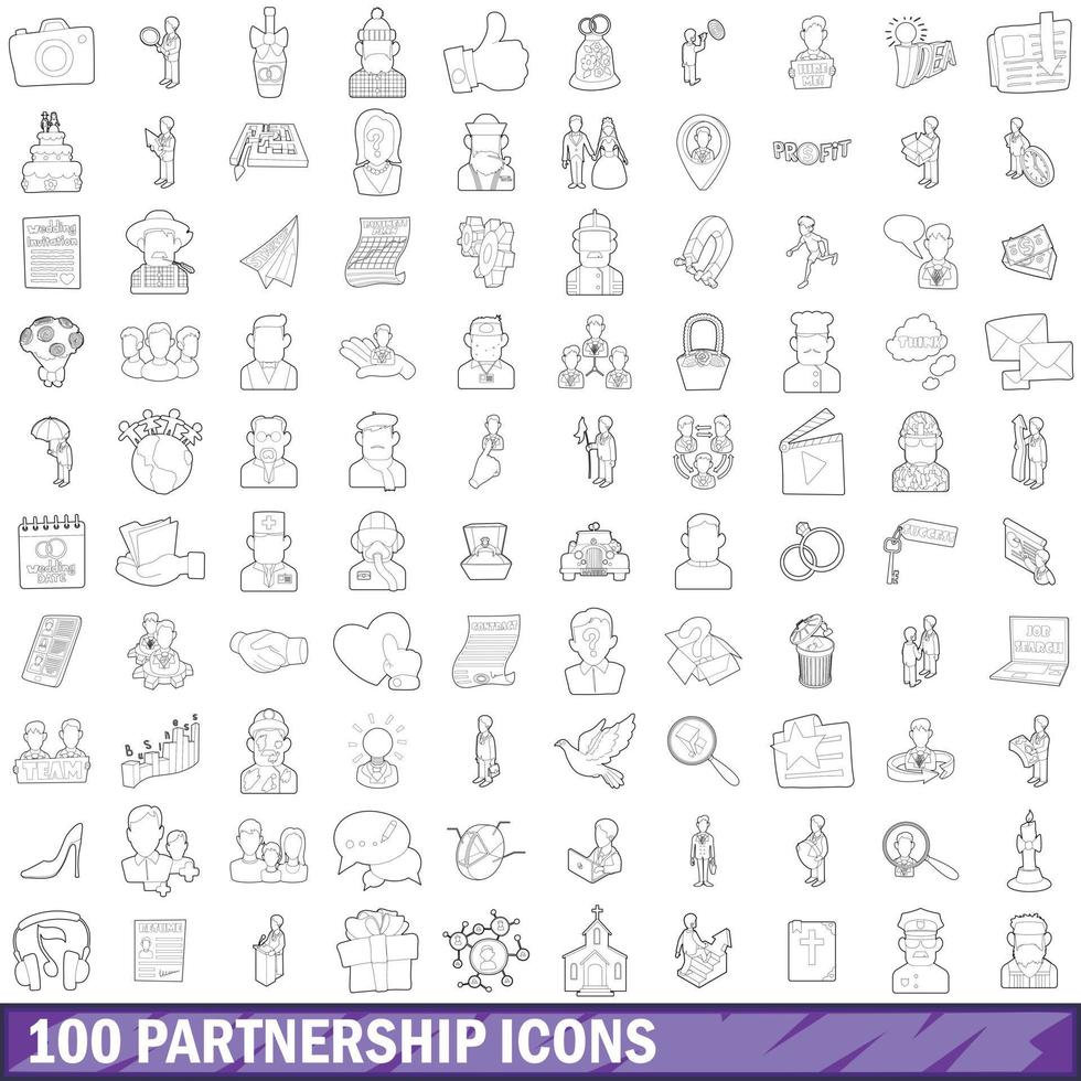 100 partnerskap ikoner set, kontur stil vektor
