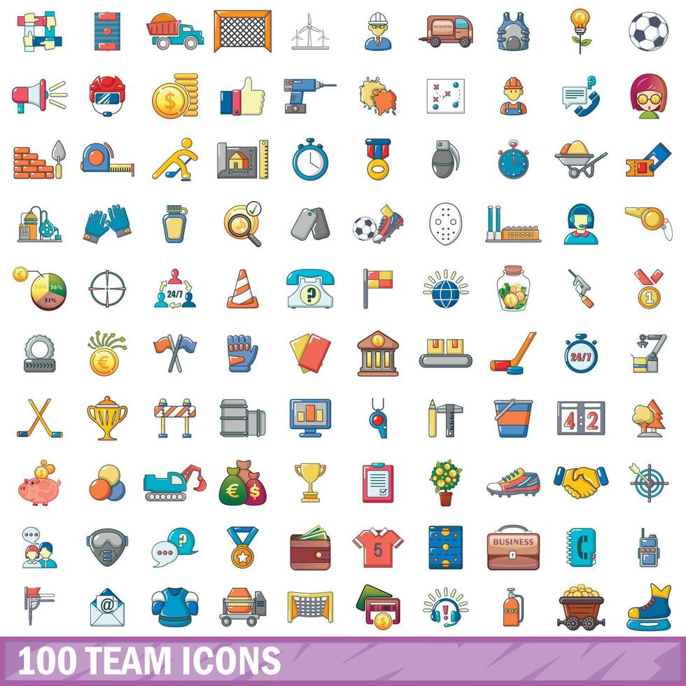 100 Team-Icons gesetzt, Cartoon-Stil vektor