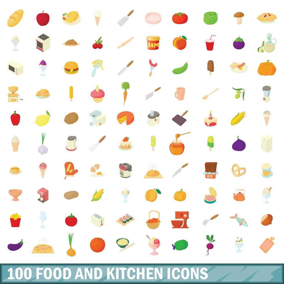 100 mat och kök ikoner set, tecknad stil vektor