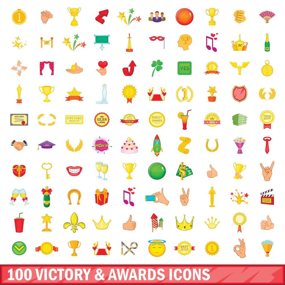 100 seger och utmärkelser ikoner set, tecknad stil vektor
