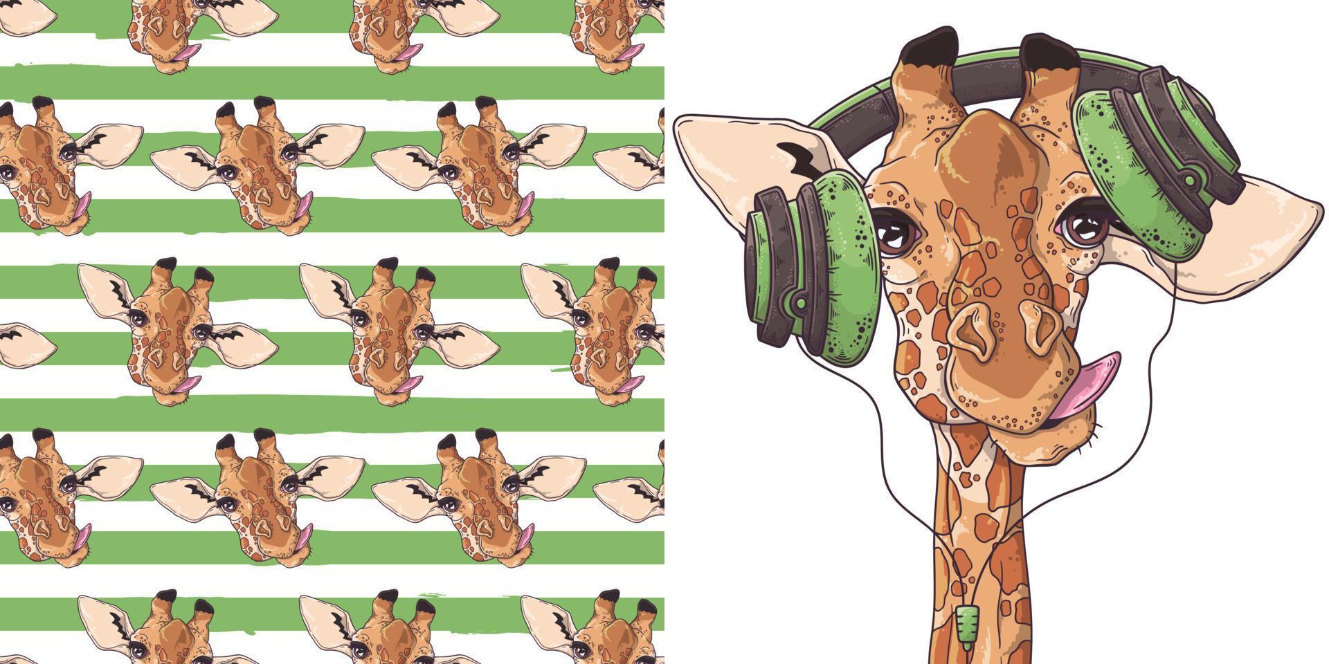 hand gezeichnetes muster und giraffe mit kopfhörersammlungsvektor. vektor