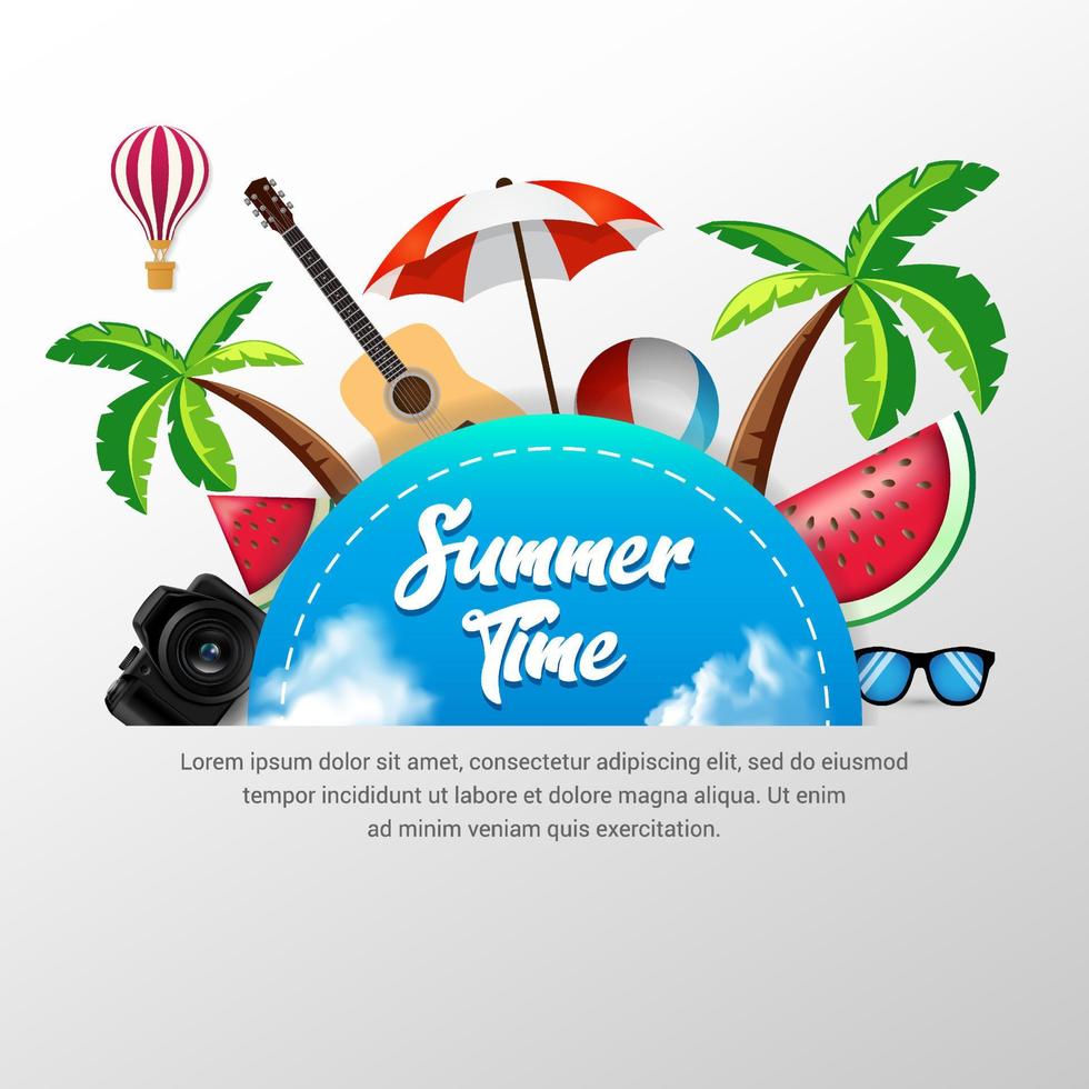 sommartid design bakgrundsvektor med vattenmelon, kamera, glasögon, gitarr, badboll och paraply strand vektor